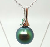 14k Gold 8.8MM Tahitian Black Pearl Pendant with Emeralds (#J3646)