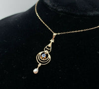 10k Yellow Gold Victorian Sapphire and Pearl Lavaliere Pendant (#J5543)