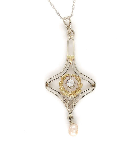 10k White Gold Victorian Lavaliere with Pearl Drop and Wreath Motif (#J6430)