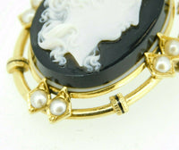 14k Yellow Gold Black and White Stone Cameo Pin / Pendant with Pearls (#J4467)