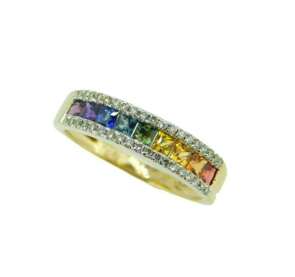 14k Yellow Gold Rainbow Genuine Natural Sapphire and Diamond Ring Band (#J4630)