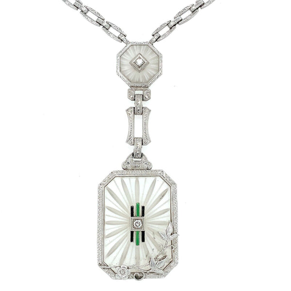 14k White Gold Genuine Natural Rock Crystal Quartz Necklace with Enamel (#J5935)