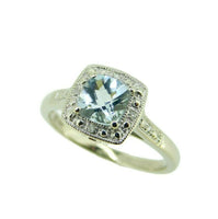 10k White Gold Cushion Genuine Natural Aquamarine and Diamond Halo Ring (#J4729)