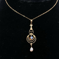 10k Yellow Gold Victorian Sapphire and Pearl Lavaliere Pendant (#J5543)
