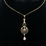 10k Yellow Gold Victorian Sapphire and Pearl Lavaliere Pendant (#J5543)