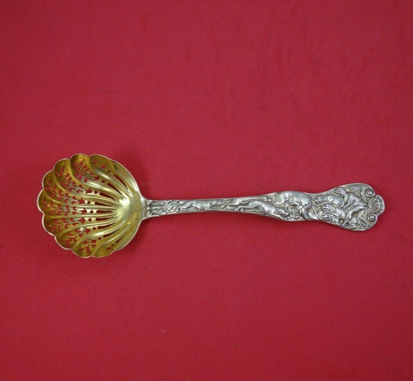 Stag Hunt by Unknown English Sterling Silver Sugar Sifter Ladle Gold Washed 7"