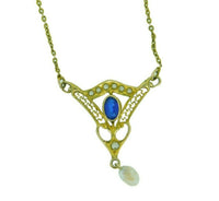 10k Yellow Gold Lavaliere Pendant Blue Glass Stone and Pearls (#J4805)