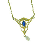 10k Yellow Gold Lavaliere Pendant Blue Glass Stone and Pearls (#J4805)
