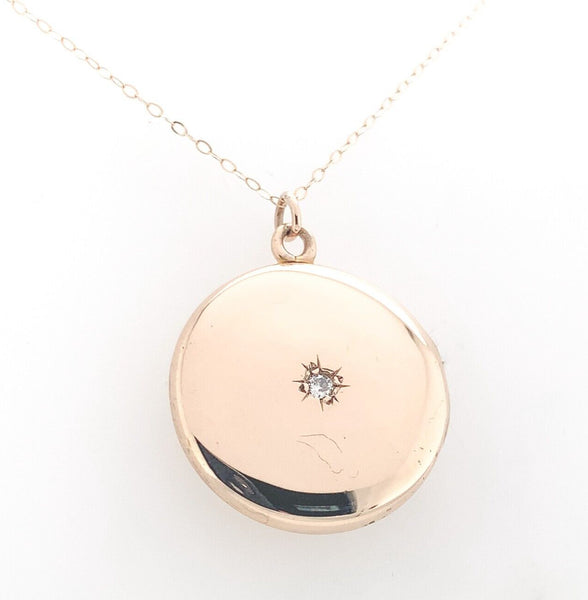 14k Gold Victorian Round Locket w/ Genuine Natural Diamond on 14k Chain (#J6520)