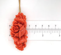 14k Yellow Gold Large Carved Genuine Natural Ox Blood Coral Pendant Roses #J6177