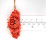 14k Yellow Gold Large Carved Genuine Natural Ox Blood Coral Pendant Roses #J6177