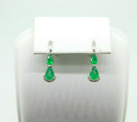 14k White Gold Genuine Natural Emerald Drop Earrings with Diamonds (#J4365)
