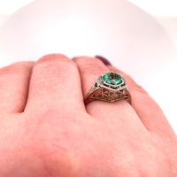 18k White Gold Art Deco Genuine Natural Emerald Filigree Ring (#J5650)