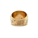 14k Yellow Gold Wide Heavy Diamond Band Ring Engraved Flowers (#J5439)