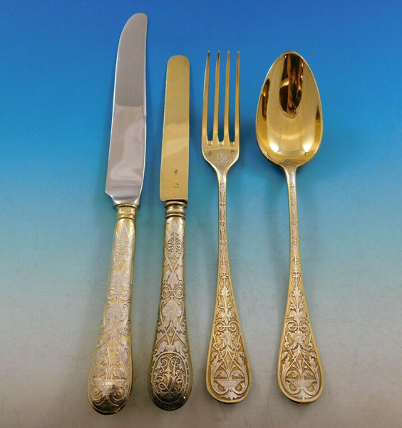 French Sterling Silver Flatware Set by Glachant 97 pc Dinner Acid Etched Weddell