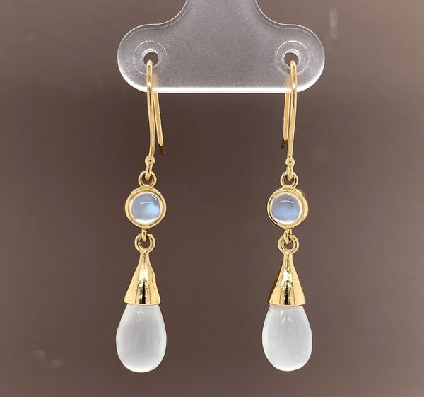 14k Yellow Gold Genuine Natural Moonstone Drop Briolette Earrings (#J5300)