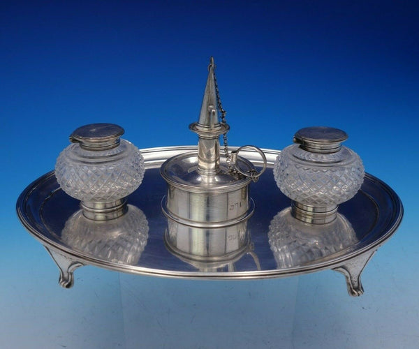 English Georgian Sterling Silver Double Inkwell w/Footed Tray Circa 1796 (#3687)