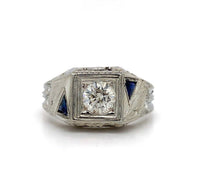 18k White Gold Art Deco Men's Diamond and Sapphire Ring Jewelry (#J5593)