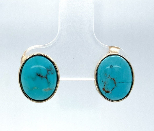 14k Yellow Gold 4.02ct Genuine Natural Kingman Turquoise Stud Earrings (#J6109)