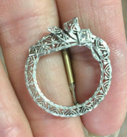 14k White Gold Filigree Circle Ribbon Genuine Natural Diamond Pin (#J5293)