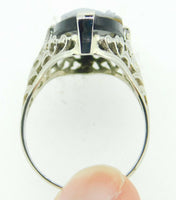 Art Deco 18k White Gold Genuine Natural Stone Cameo Filigree Ring (#J4307)