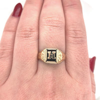 10k Yellow Gold Genuine Natural Onyx Men's Ring Initial "H" Size 9 (#J6131)