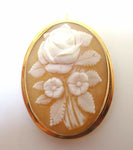 14k Gold Oval Genuine Natural Shell Cameo Pin / Pendant with Rose Bouquet #J3620