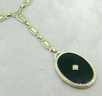 Deco 14k White Gold Filigree Genuine Natural Black Onyx Necklace (#J4671)