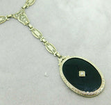 Deco 14k White Gold Filigree Genuine Natural Black Onyx Necklace (#J4671)