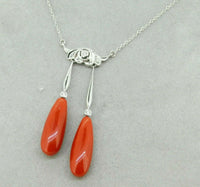 18k White Gold Double Genuine Natural Coral Briolette Drop Necklace (#J4718)