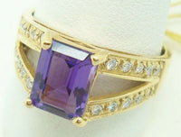 14K Gold Emerald Cut 1.40ct Genuine Natural Amethyst Ring with Diamonds (#J2363)