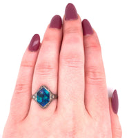 10k White Gold Art Deco Genuine Natural Black Opal Filigree Ring (#J5667)