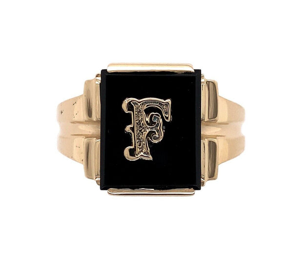 10k Yellow Gold Genuine Natural Onyx Men's Ring Initial "F" Size 11 (#J6130)