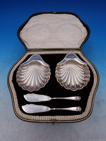 English Sterling Silver Pate Butter Set Shell Dishes 4-pc set in Box (#7429)