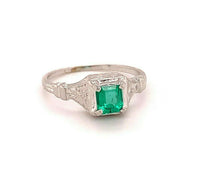 18k Gold Art Deco .56ct Genuine Natural Emerald Ring w/Engraved Flowers (#J4856)