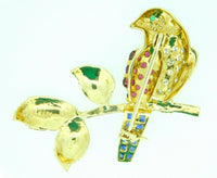 18k Gold Bird on Branch Pin w/ Genuine Natural Rubies Sapphires Diamonds #J4361