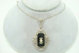 14K Gold Filigree Genuine Natural Onyx Pendant with Paperclip Chain (#J2199)