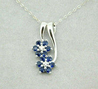 14k White Gold Blue Genuine Natural Sapphire and Diamond Flower Pendant (#J4410)