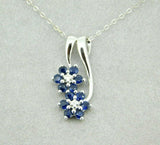14k White Gold Blue Genuine Natural Sapphire and Diamond Flower Pendant (#J4410)