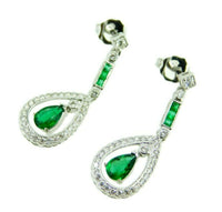 18k White Gold Genuine Natural Emerald and Diamond Deco Style Earrings (#J4716)