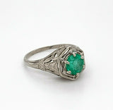 Filigree 14k White Gold Art Deco .86ct Genuine Natural Emerald Ring (#J4828)