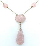14k Yellow Gold Deco Carved Genuine Natural Rose Quartz Necklace (#J5926)