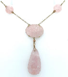 14k Yellow Gold Deco Carved Genuine Natural Rose Quartz Necklace (#J5926)