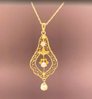 10k Yellow Gold Lavaliere Pendant Diamond Pearls 14k Chain (#J4812)