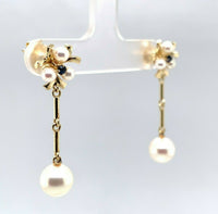 14k Yellow Gold Pearl and Sapphire Drop Earrings (#J5487)