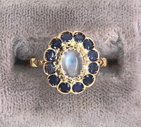 14k Yellow Gold Genuine Natural Moonstone Ring with Sapphire Halo (#J5844)