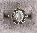 14k Yellow Gold Genuine Natural Moonstone Ring with Sapphire Halo (#J5844)