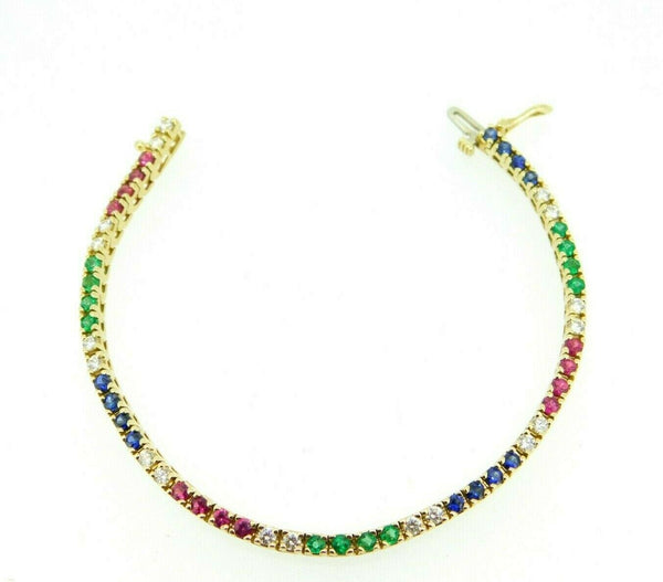 14k Yellow Gold Genuine Natural Ruby Sapphire Emerald Diamond Bracelet (#J1810)