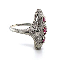 18k White Gold Art Deco Long Filigree Genuine Natural Ruby Ring (#J5651)