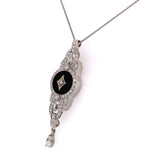 Genuine Natural Black Onyx and Diamond Platinum Pendant Necklace (#J5641)